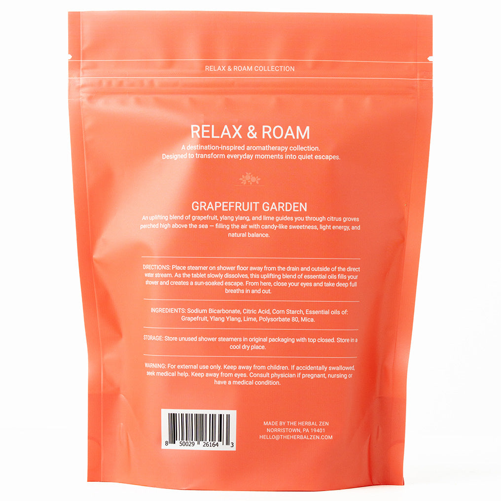 Orange packaging of 'Relax & Roam' with product description and ingredients on a white background