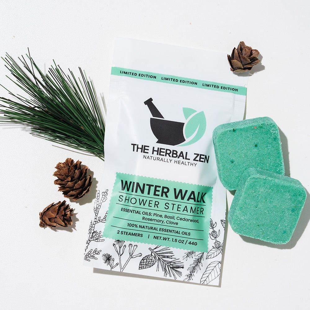 The Herbal Zen Winter Walk Shower Steamer packaging with two steamer pads on a white background.