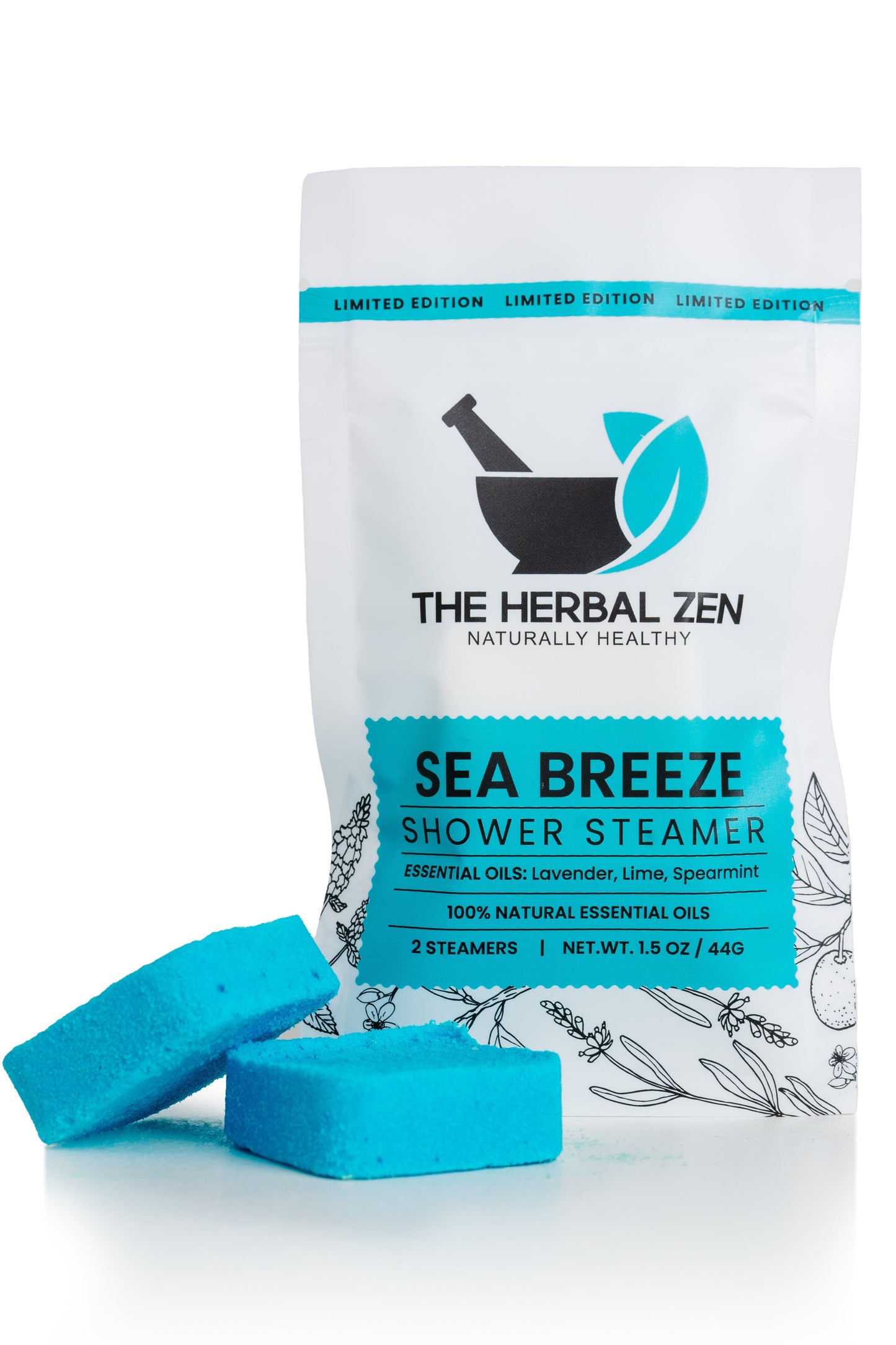 The Herbal Zen Sea Breeze shower steamer packaging on a white background