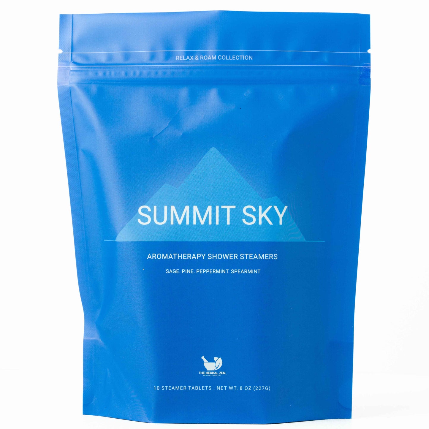 Blue packaging of Summit Sky aromatherapy shower steamers on a white background