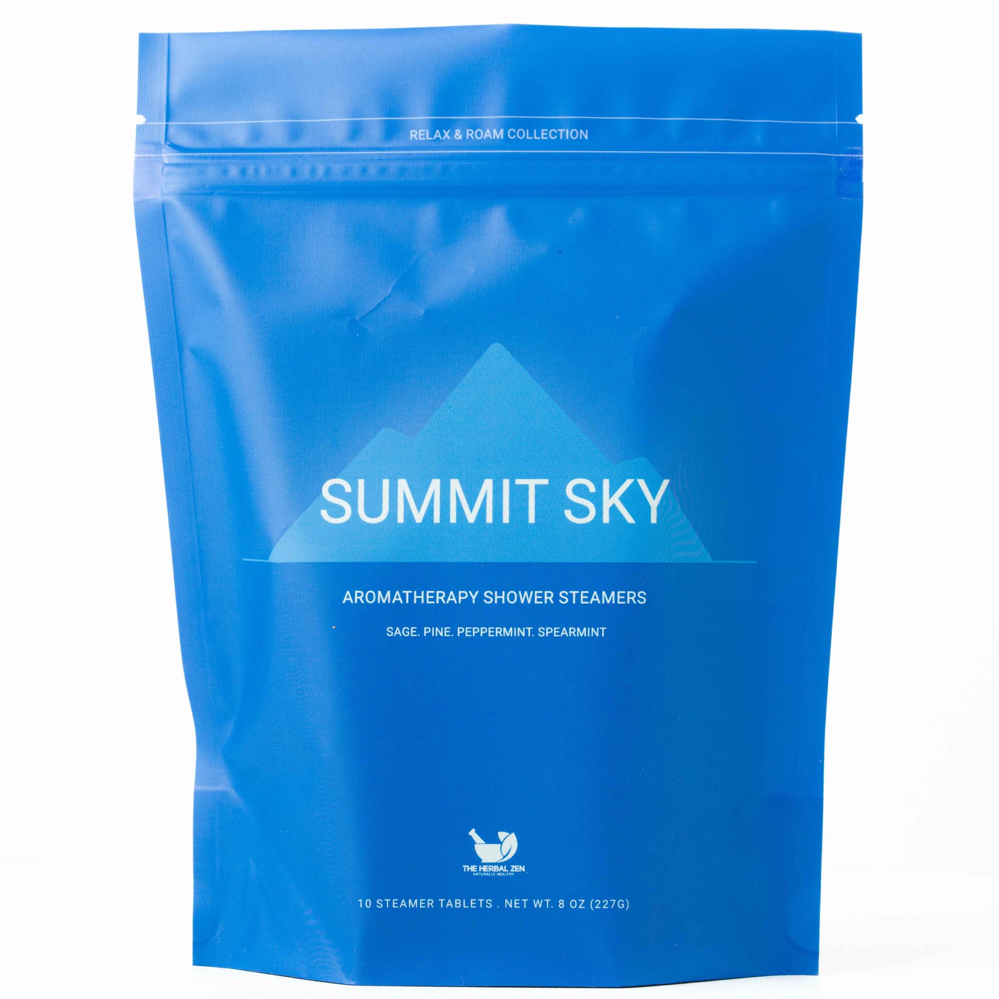 Blue packaging of Summit Sky aromatherapy shower steamers on a white background